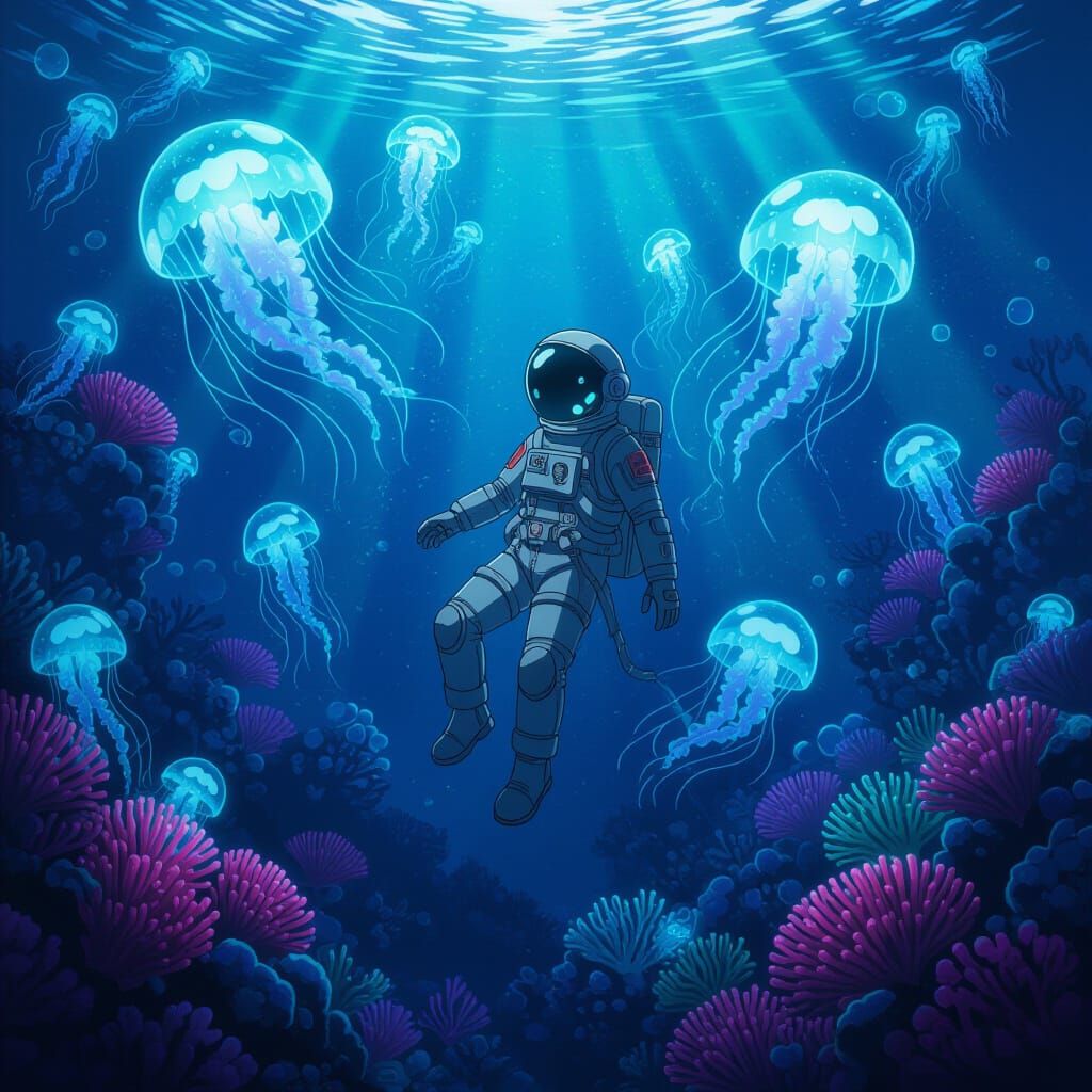Anime Astronaut Lost in Bioluminescent Alien Ocean