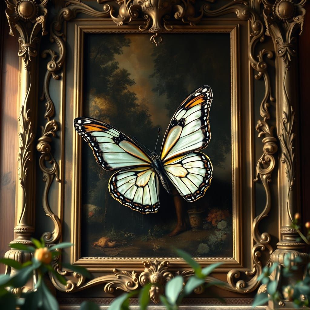 Butterfly Emerges from Baroque Masterpiece in Golden Light