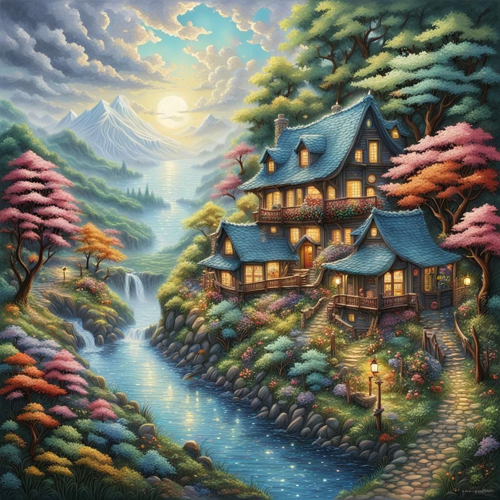 by artist "Thomas Kinkade", by by artist "Hayao Miyazaki", quilling, anime, insanely detailed and intricate, beautiful, ...