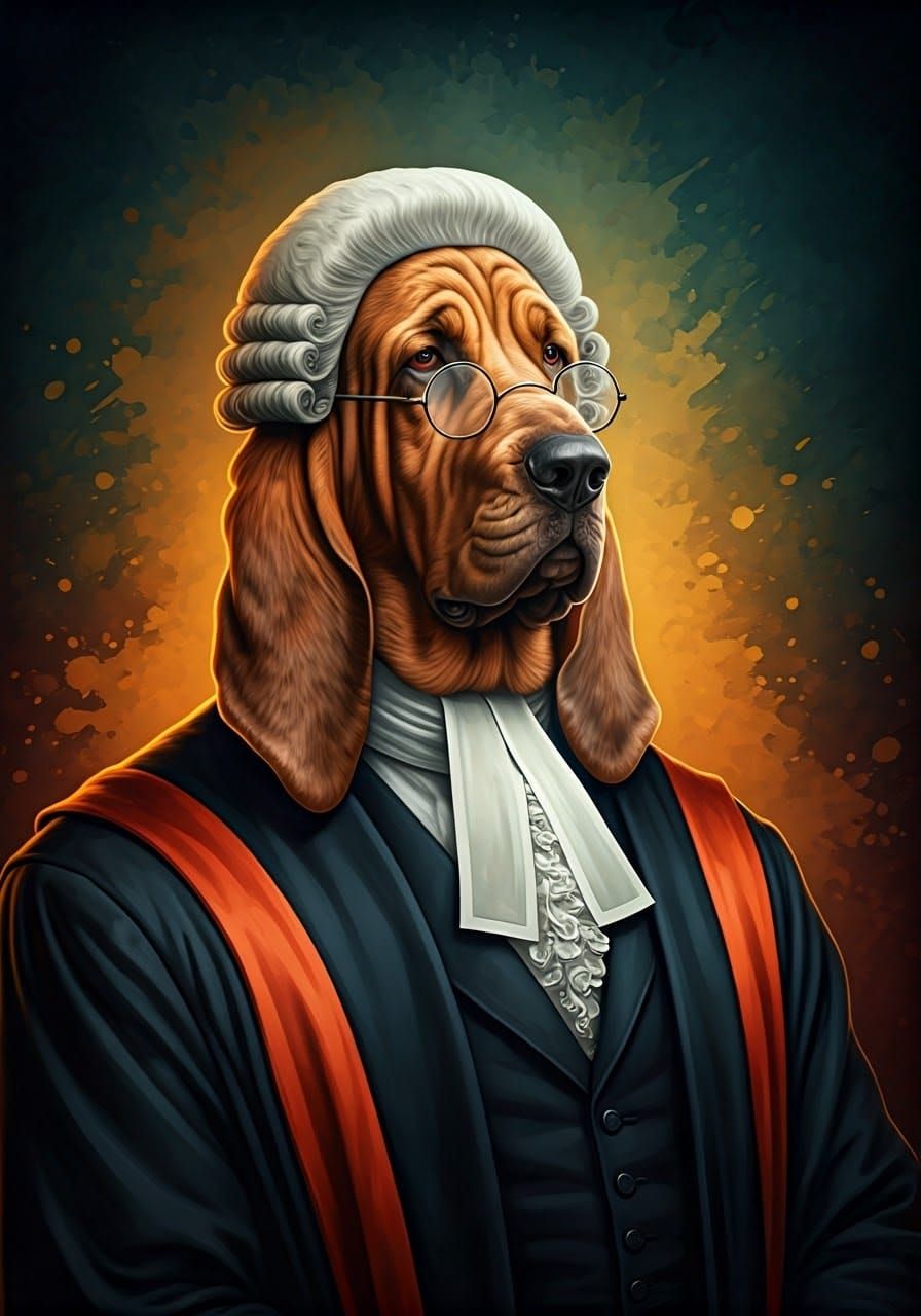 A serious looking bloodhound dressed as a British judge