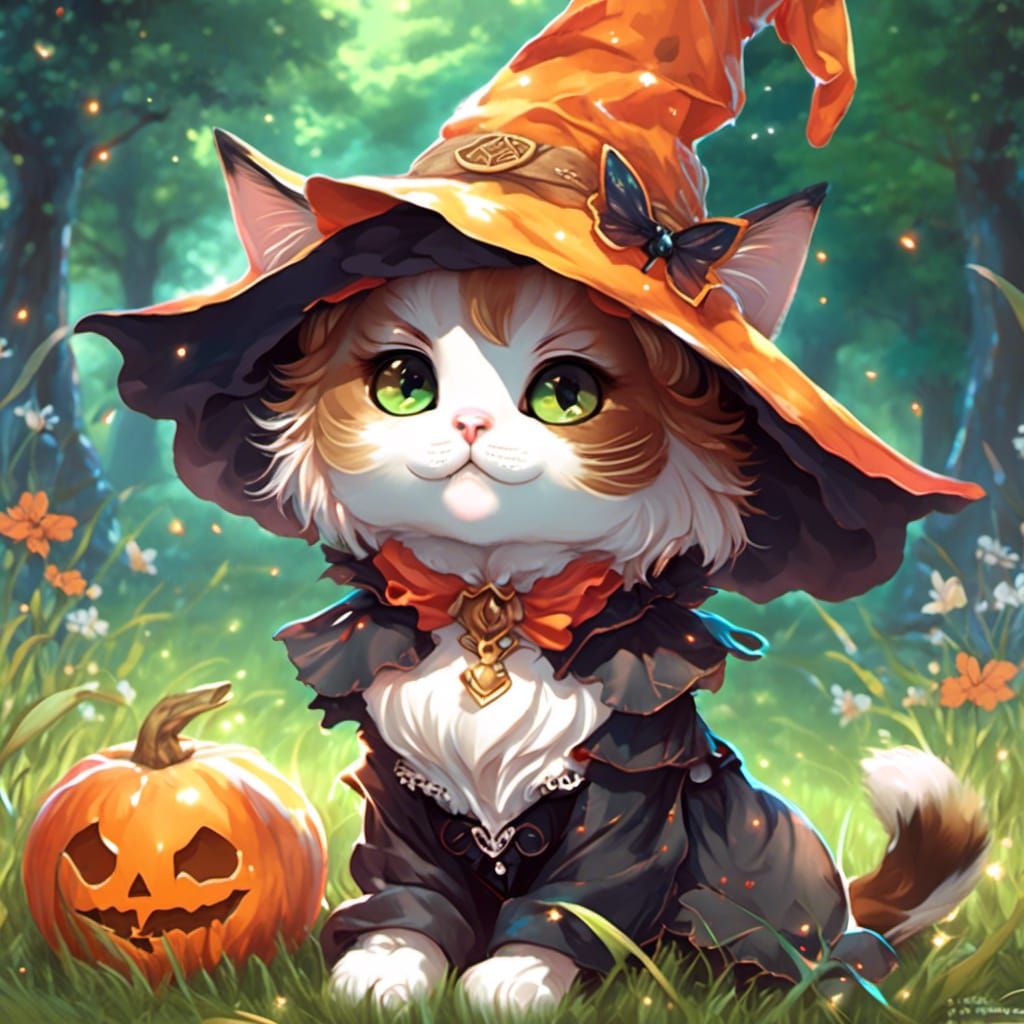 Calico Cat in Witch Costume, Anime Style