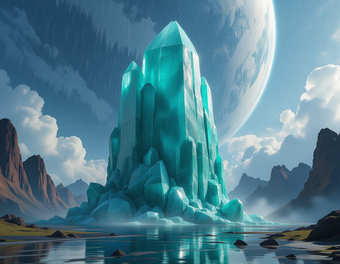 Giant Amazonite Mineral on Alien Planet Under Icy Sky