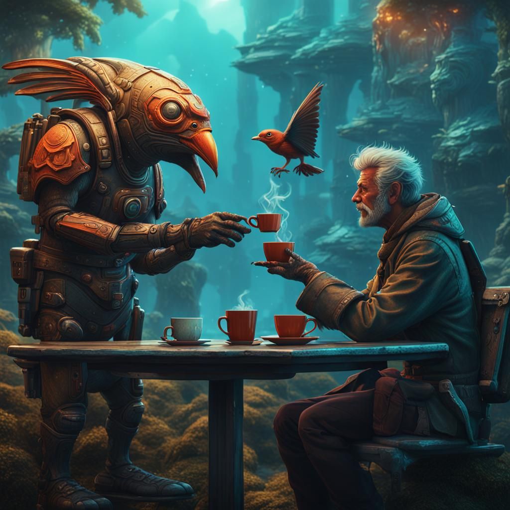 Sci-Fi Fishman and Birdwoman Coffee Art