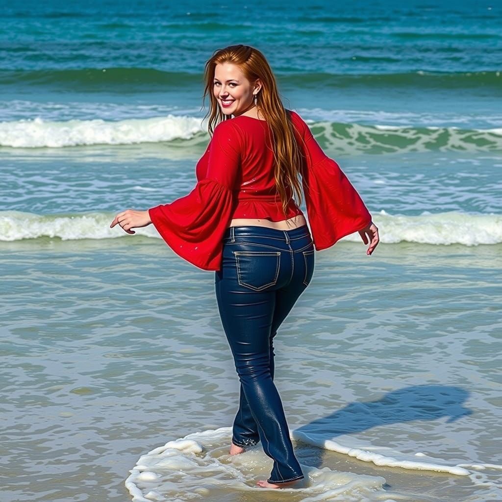 Woman Wades into Surf on Sunny Afternoon