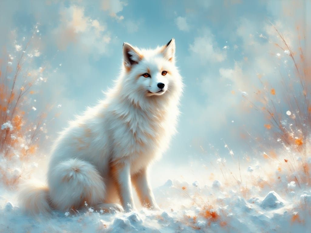 Majestic White Fox Portrait in Dreamy Impasto Style