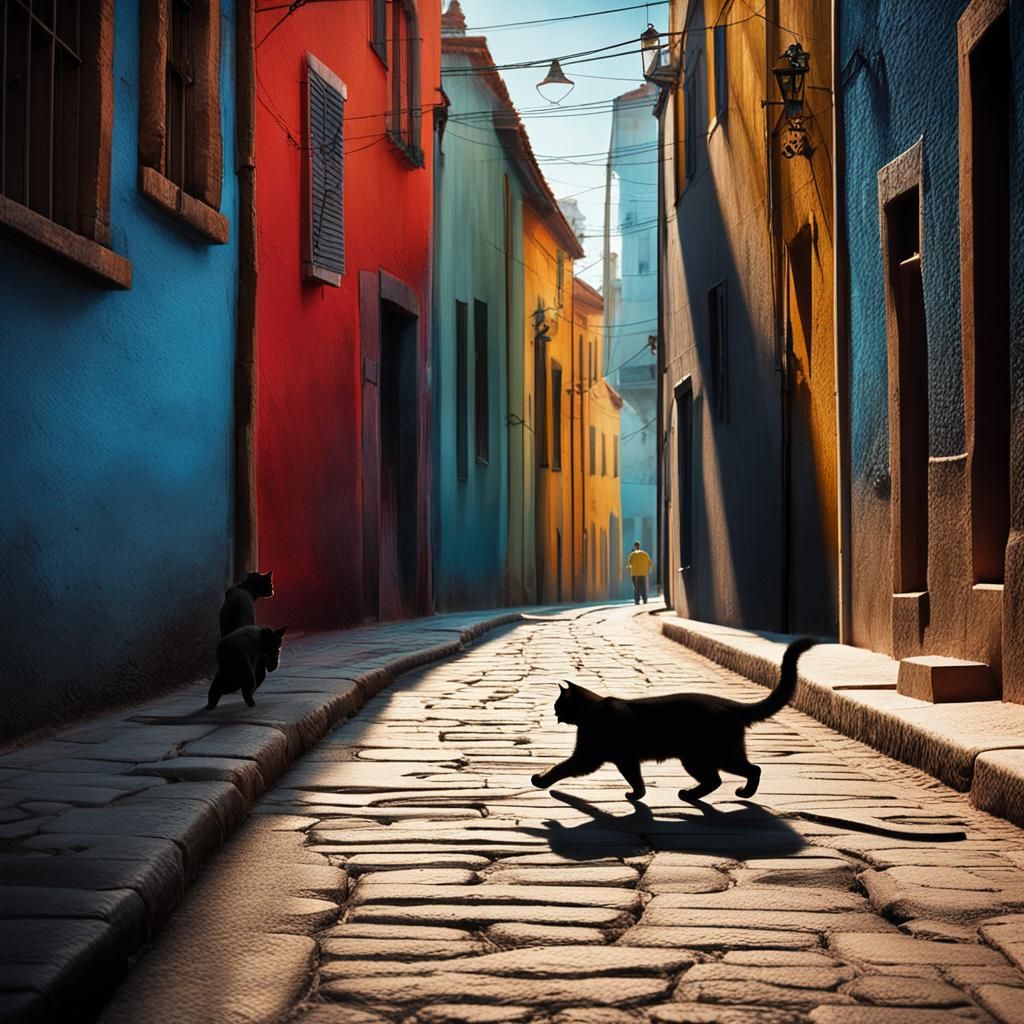 Black Cat in Alley: Hyperrealistic Photography