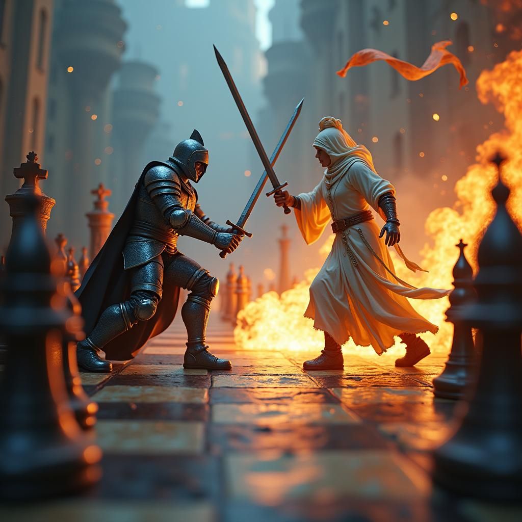 Fantasy Chessboard Battle in Cinematic Lighting