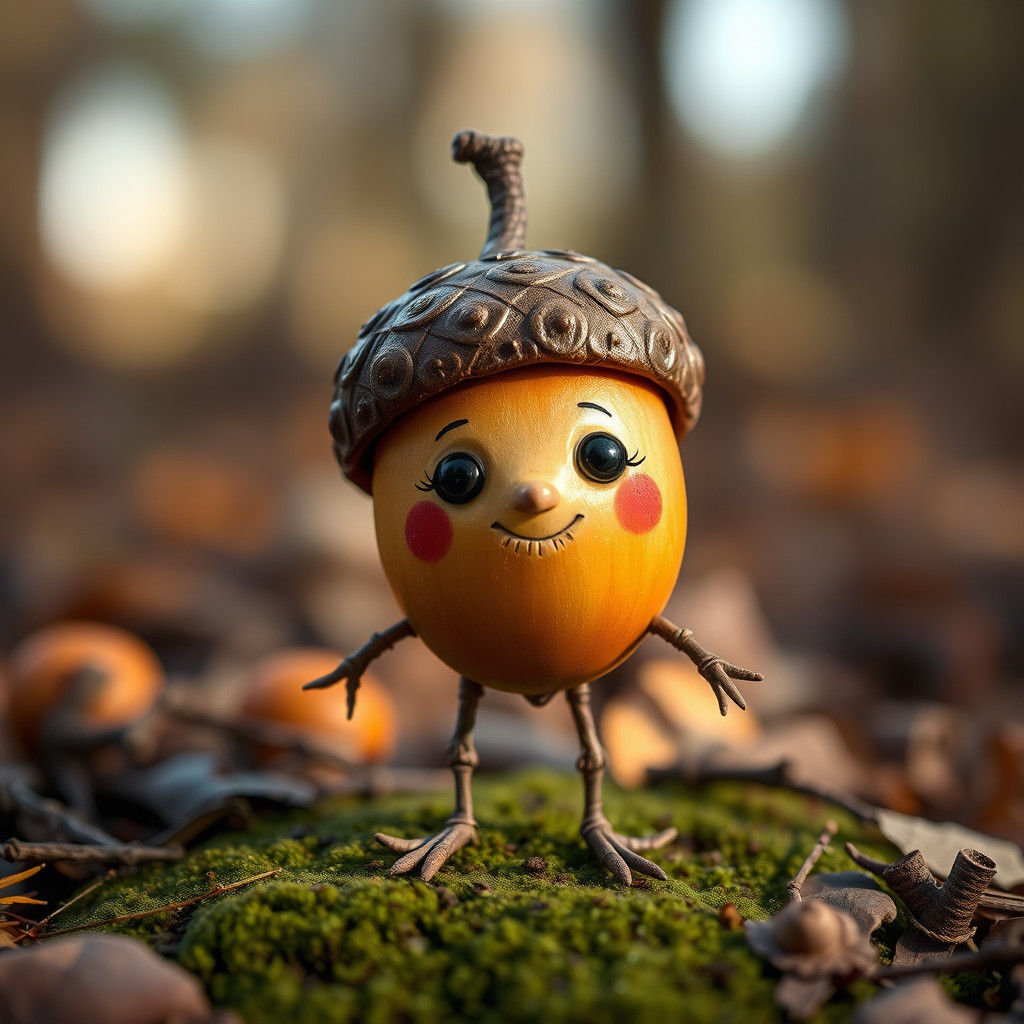Adorable Acorn Creature in Warm Forest: Photorealism