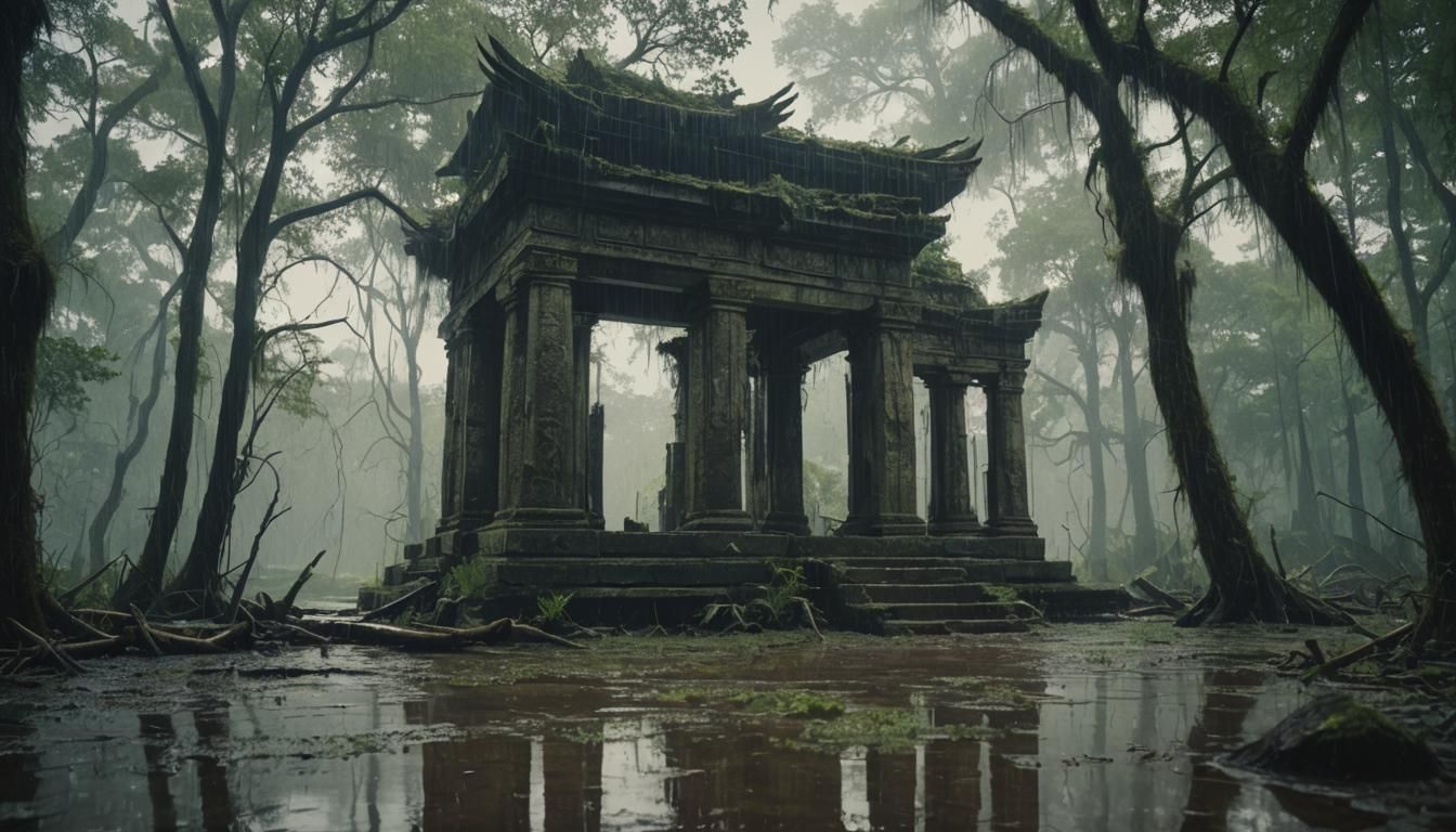Rainy Shrine Ruins in Swamp: Cinematic Film Still