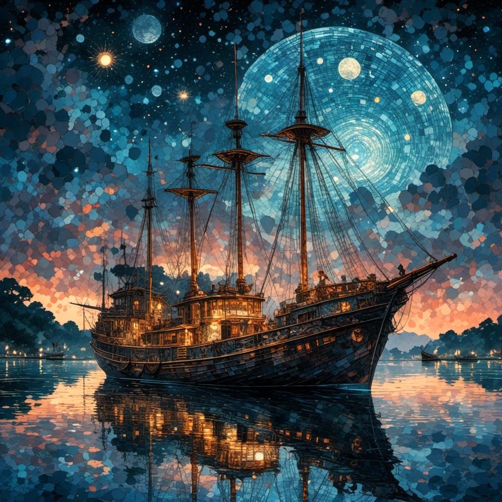Gaff Rigged Ketch on Moonlit Waters, Digital Watercolor