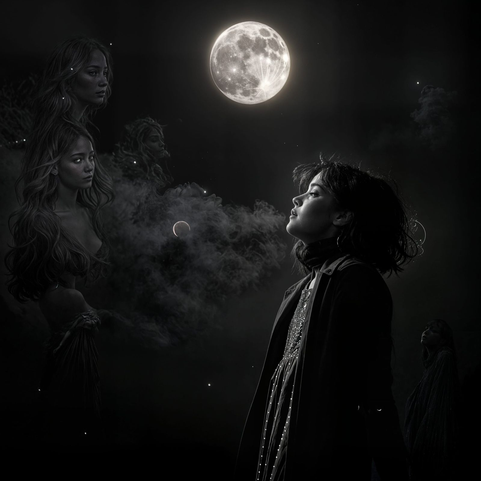 Film Noir Girl in Sequined Dress Under Moon