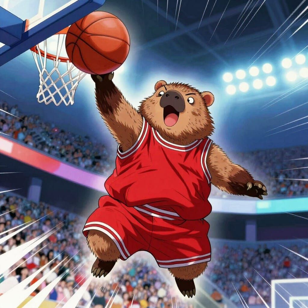 Wombat Slam Dunking Basketball in 90s Anime Style