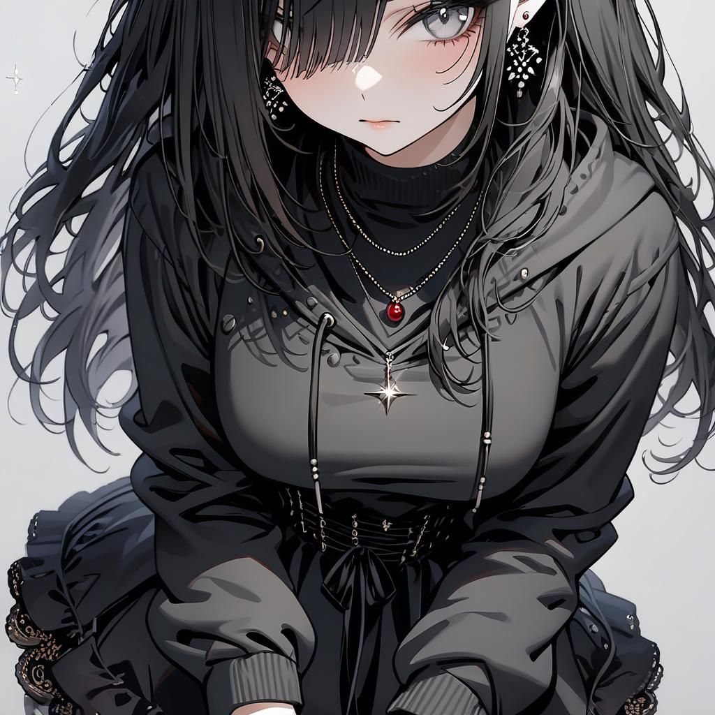 Anime Girl with Black Hair and Cherry Pendant