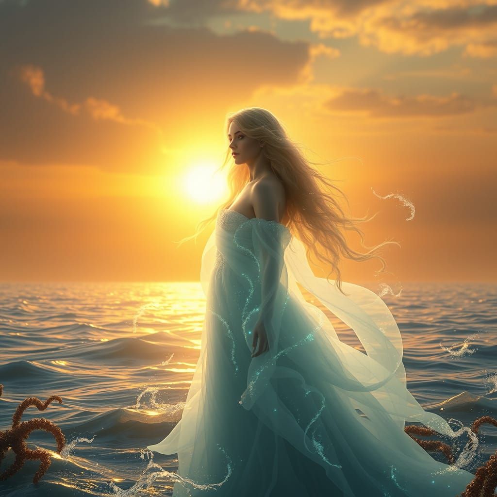 Ethereal Ocean Goddess Radiates Golden Light