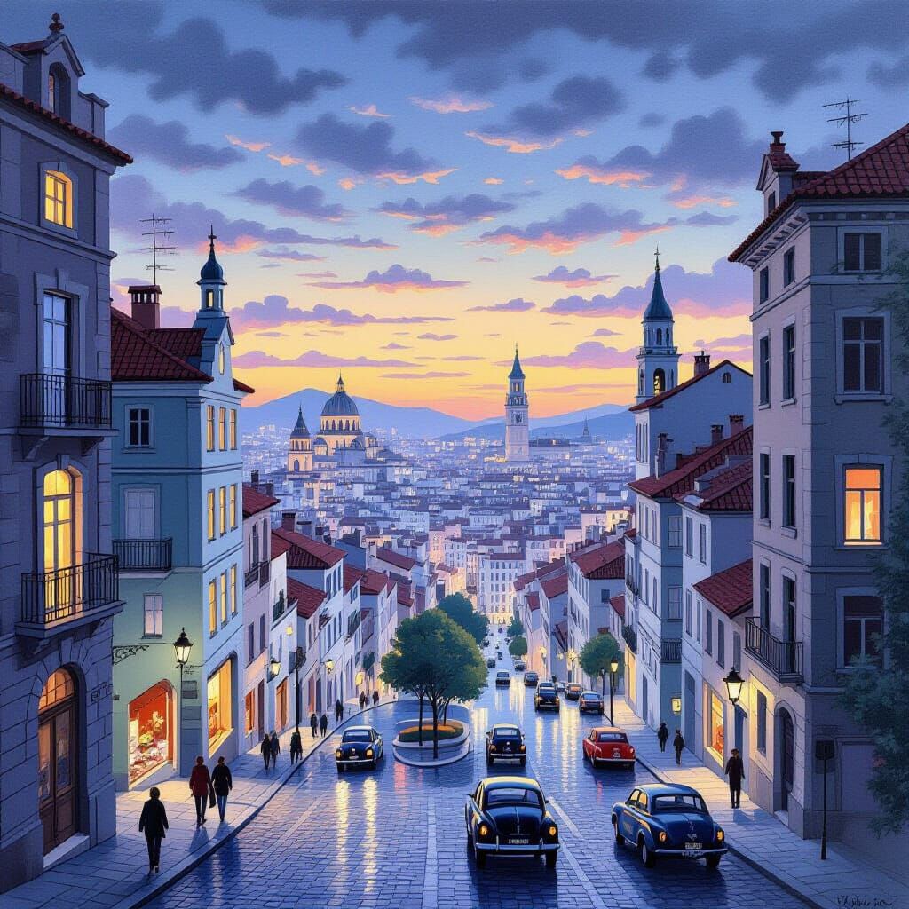 Dreamlike Cityscape at Dusk in Surrealist Style