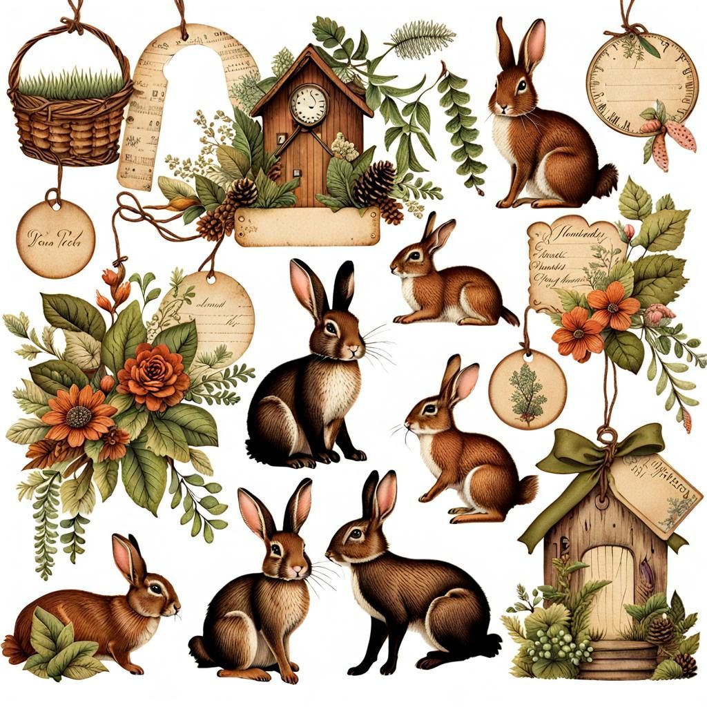 Vintage Woodland Rabbit Gift Tags for Journals