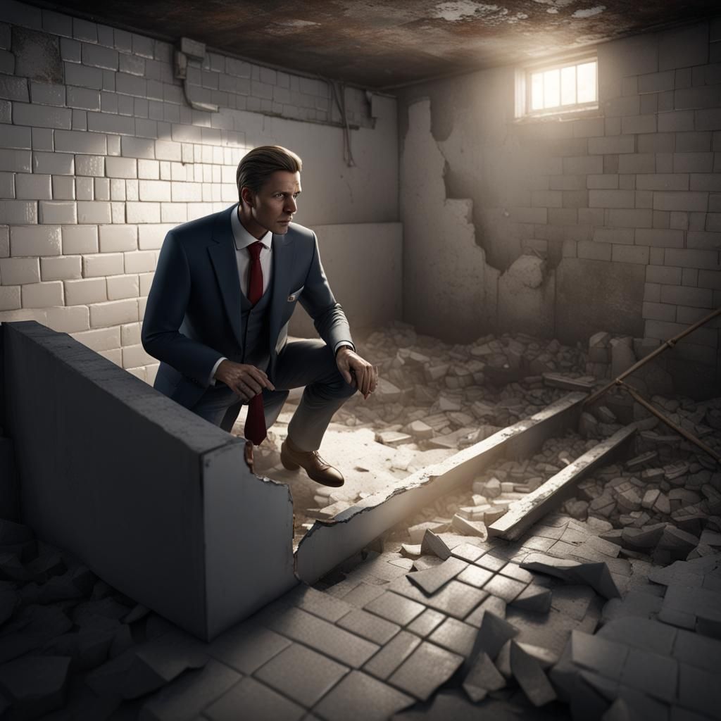 Man in Suit Opens Basement Hatch in Detailed Painting