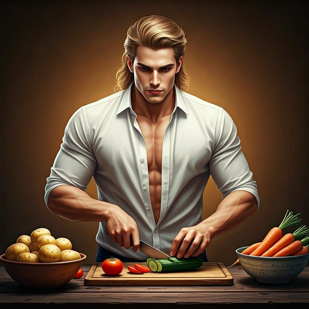 Handsome Man Cuts Vegetables in Elegant 8K Portrait