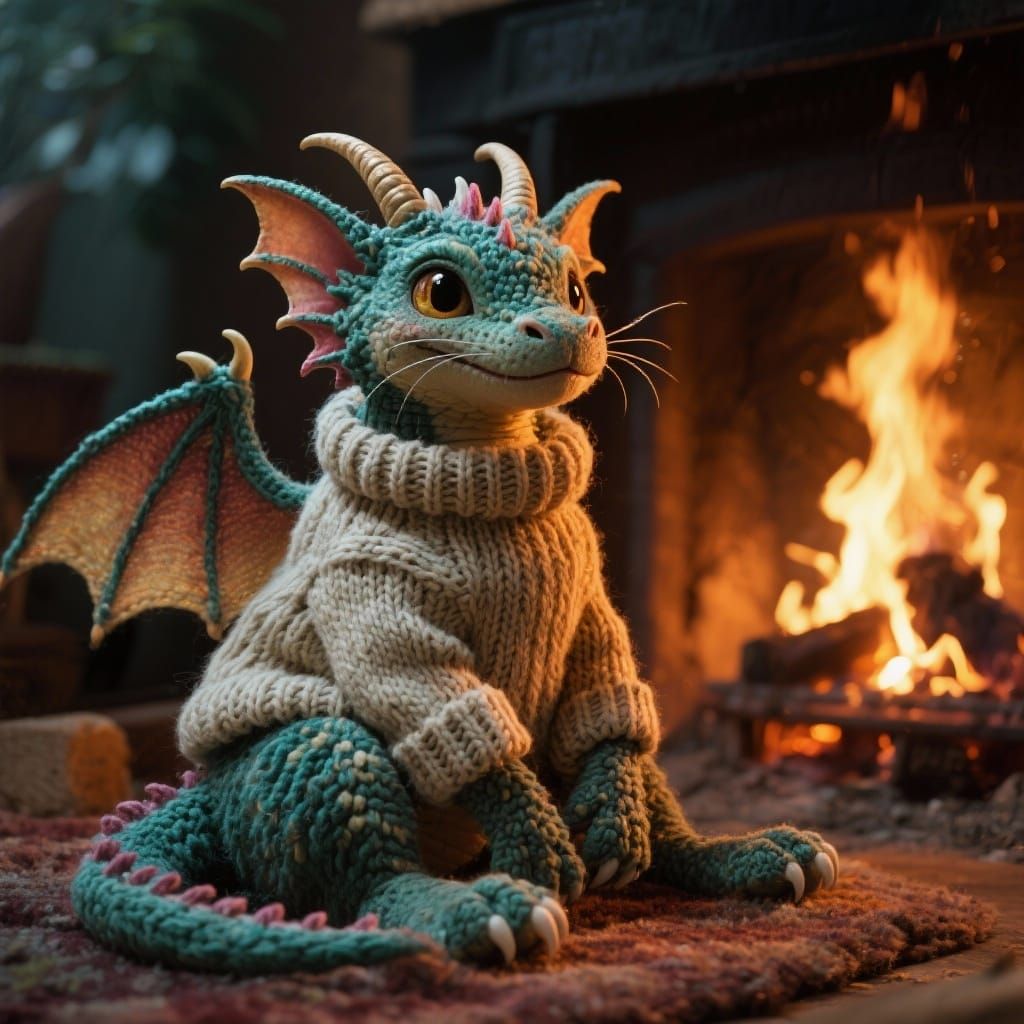 Adorable Dragon in Knitted Jumper by Fire