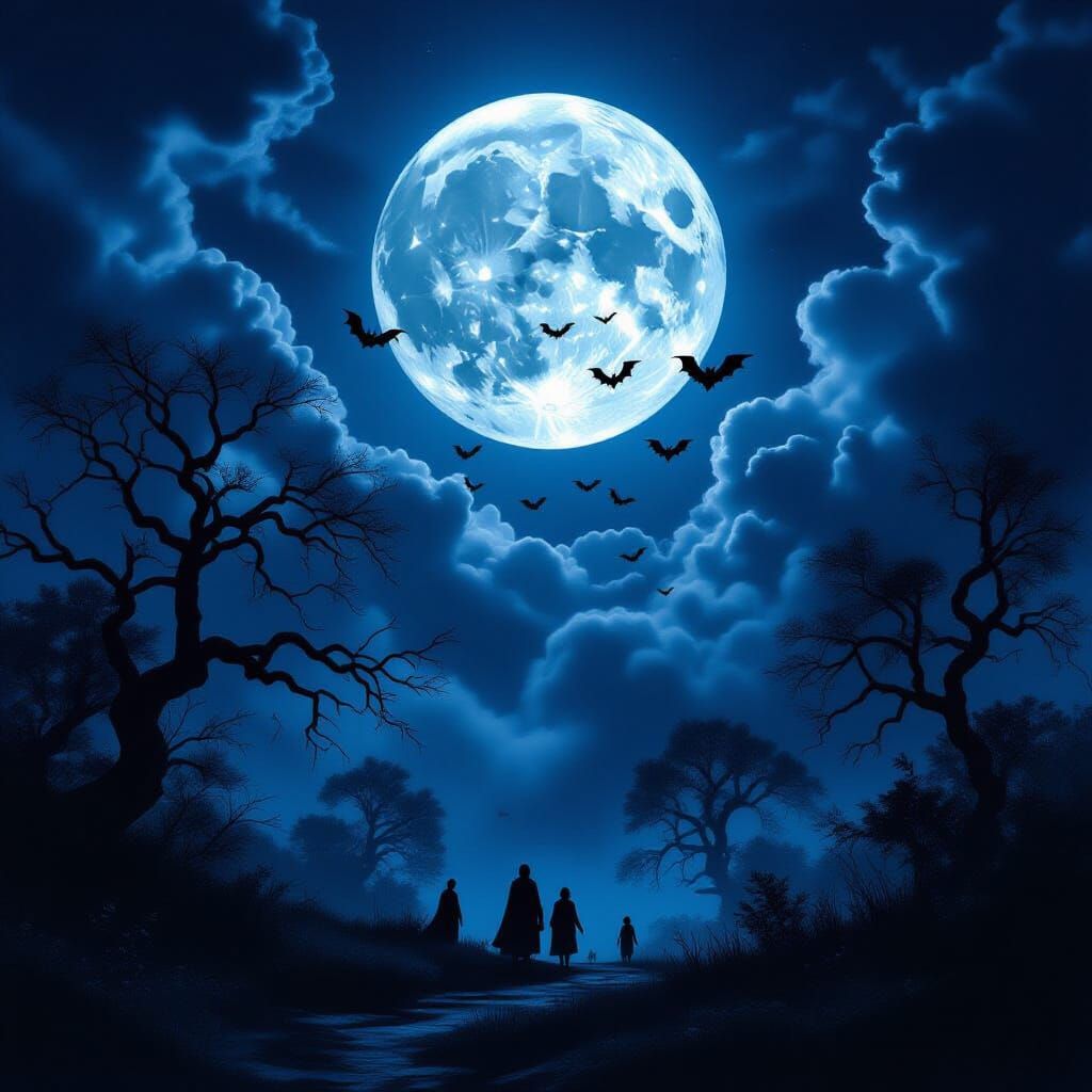 Eerie Moonlit Night with Bats and Ghosts