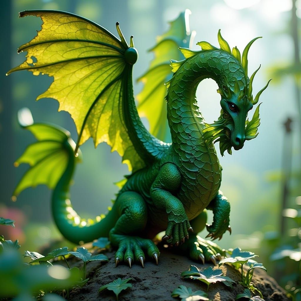 Green Leaf Dragon Takes Flight: Art Nouveau Style