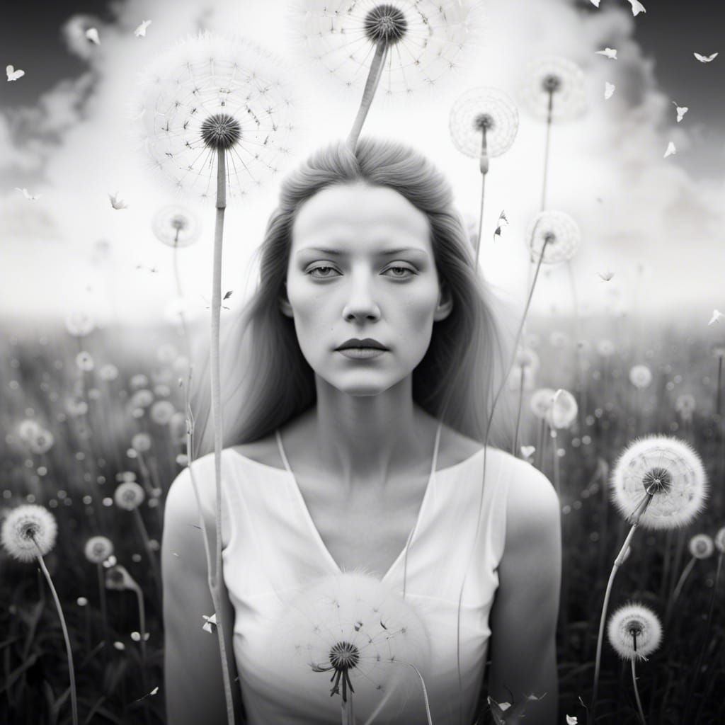 Ghostly Woman in Dandelion Dreamscape: Infrared Portrait