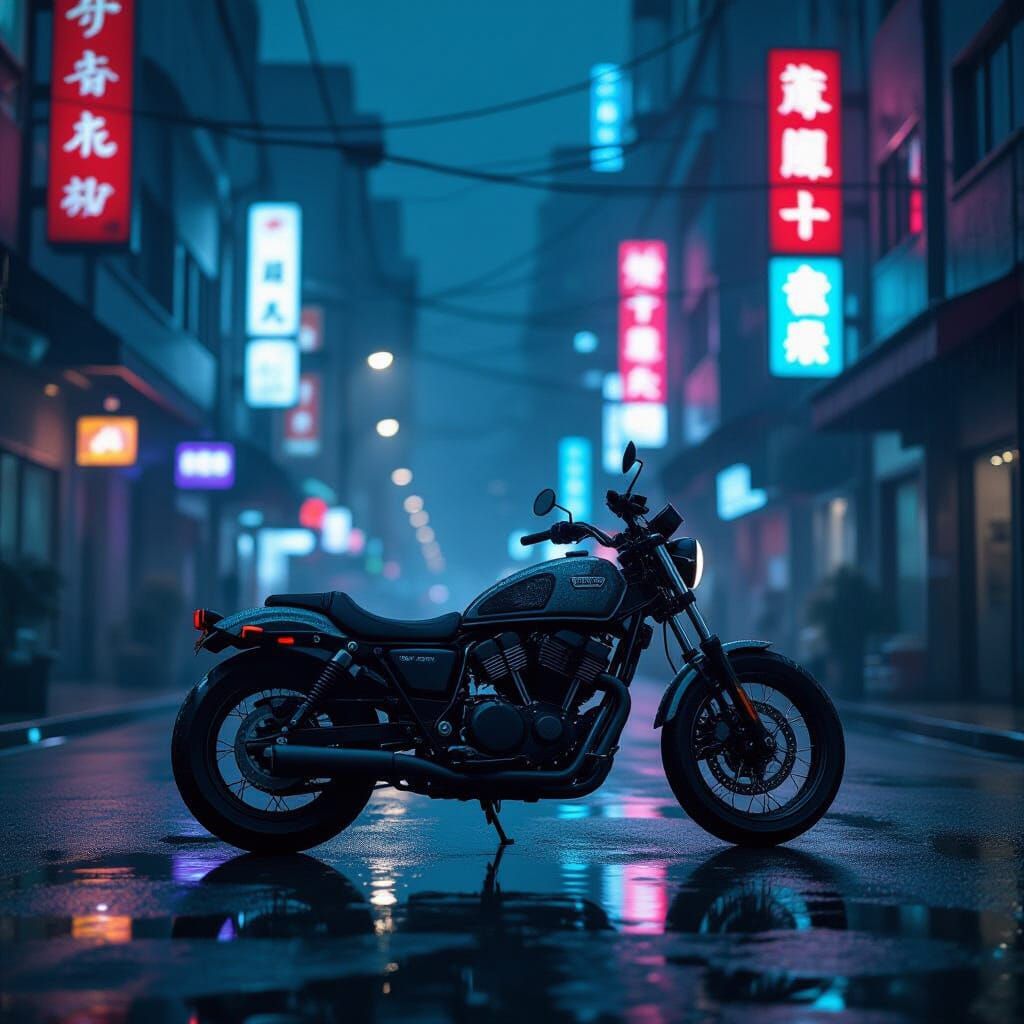 Cyberpunk Motorcycle on Rainy Midnight Street