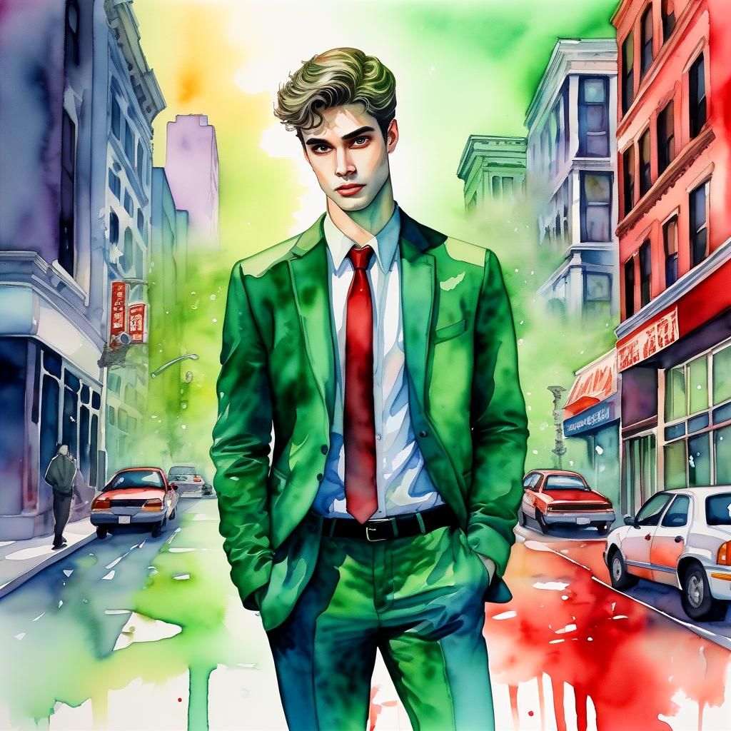 Fallen Angel in Greenish Watercolor Cityscape