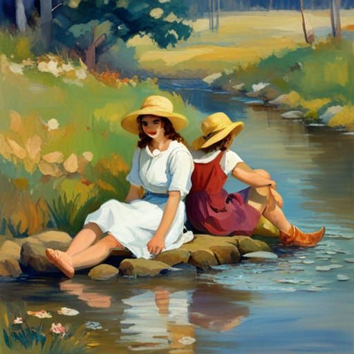 Farm Girls Relaxing by a Stream