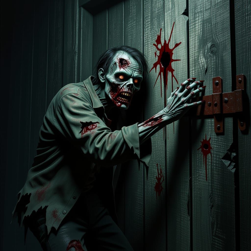 Zombie clawing at a boarded up door