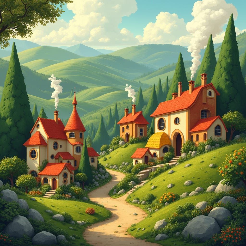 Whimsical Village in Earthy Tones