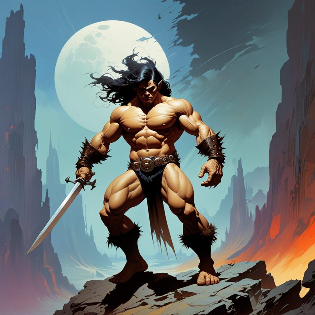 Cyberpunk Glitch Art in the Style of Frank Frazetta