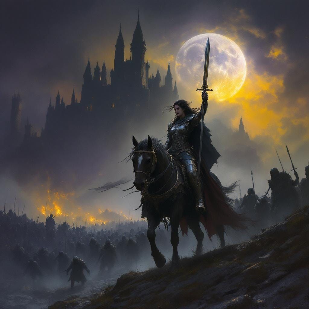 Warrior Queen Leading Army in Dark Fantasy Landscape