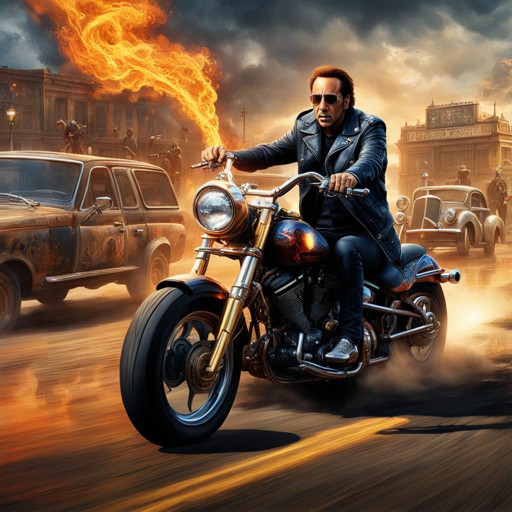 Heroic Motorcyclist in a Fiery Fantasy Landscape