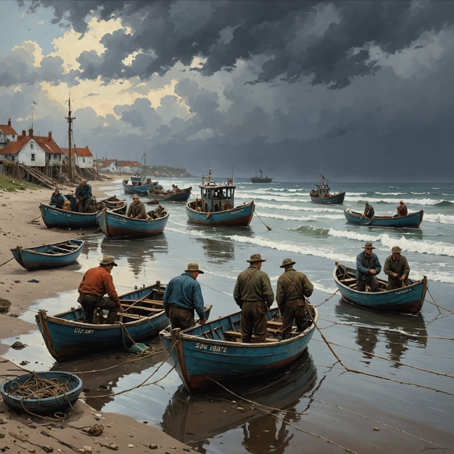 Fishermen at Sunset in a Stormy Sea