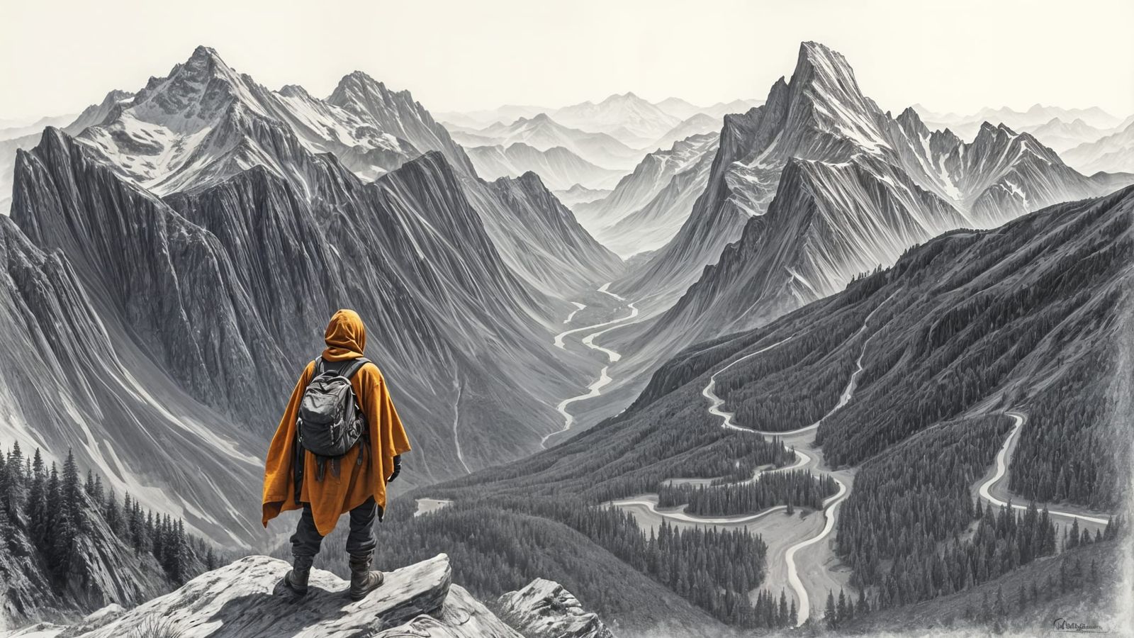 Ethereal Alpine Landscape in Charcoal Drawing Style