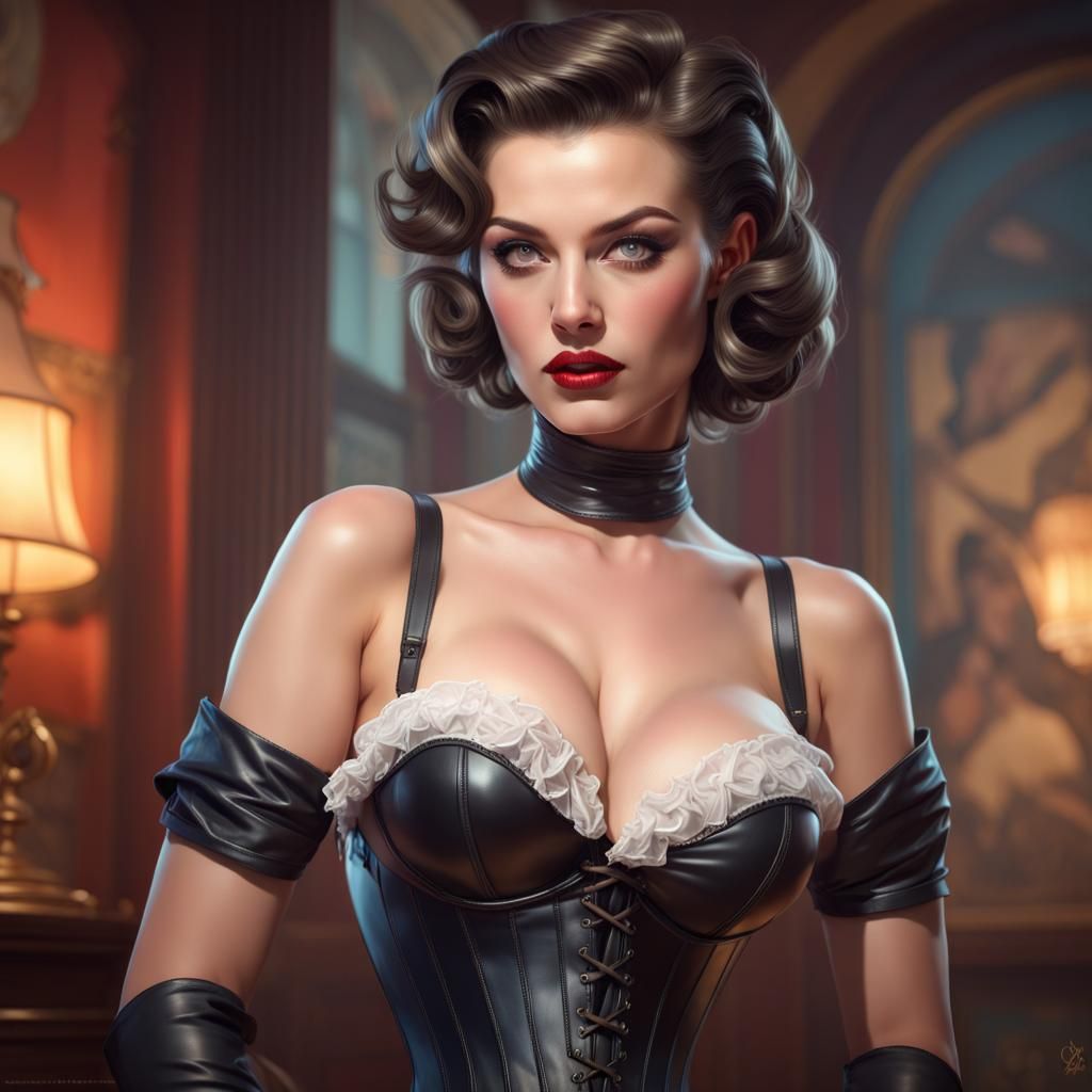 1950s Pinup Model in Dark Leather, Digital Art