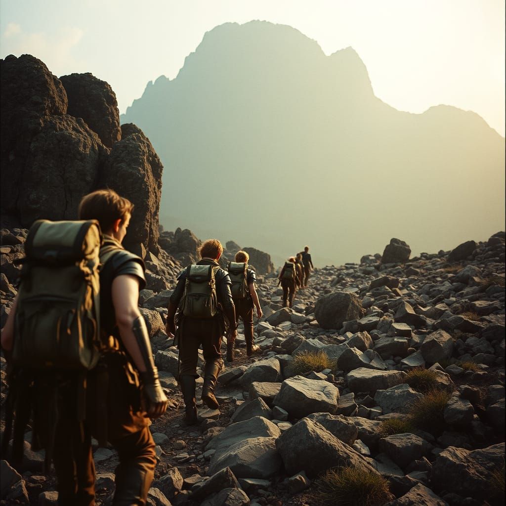 Adventurers Traverse Boulder Field Toward Majestic Tor
