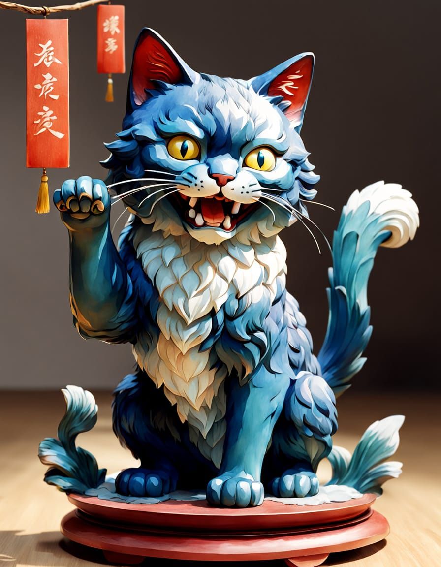 Traditional Chinese Cat Statue in Vibrant Hues