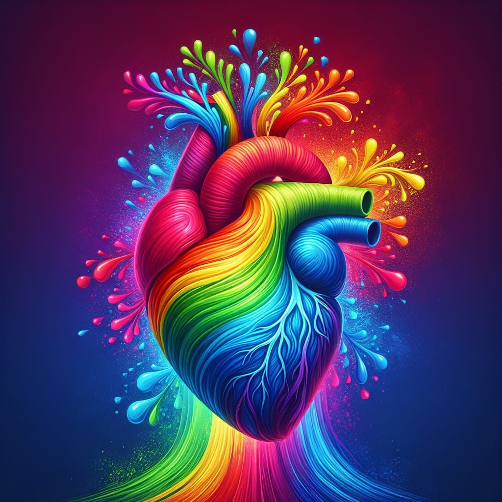 Maak een afbeelding die een kloppend hart vastlegt met behulp van de levendige kleuren van de regenboog. Het hart moet p...