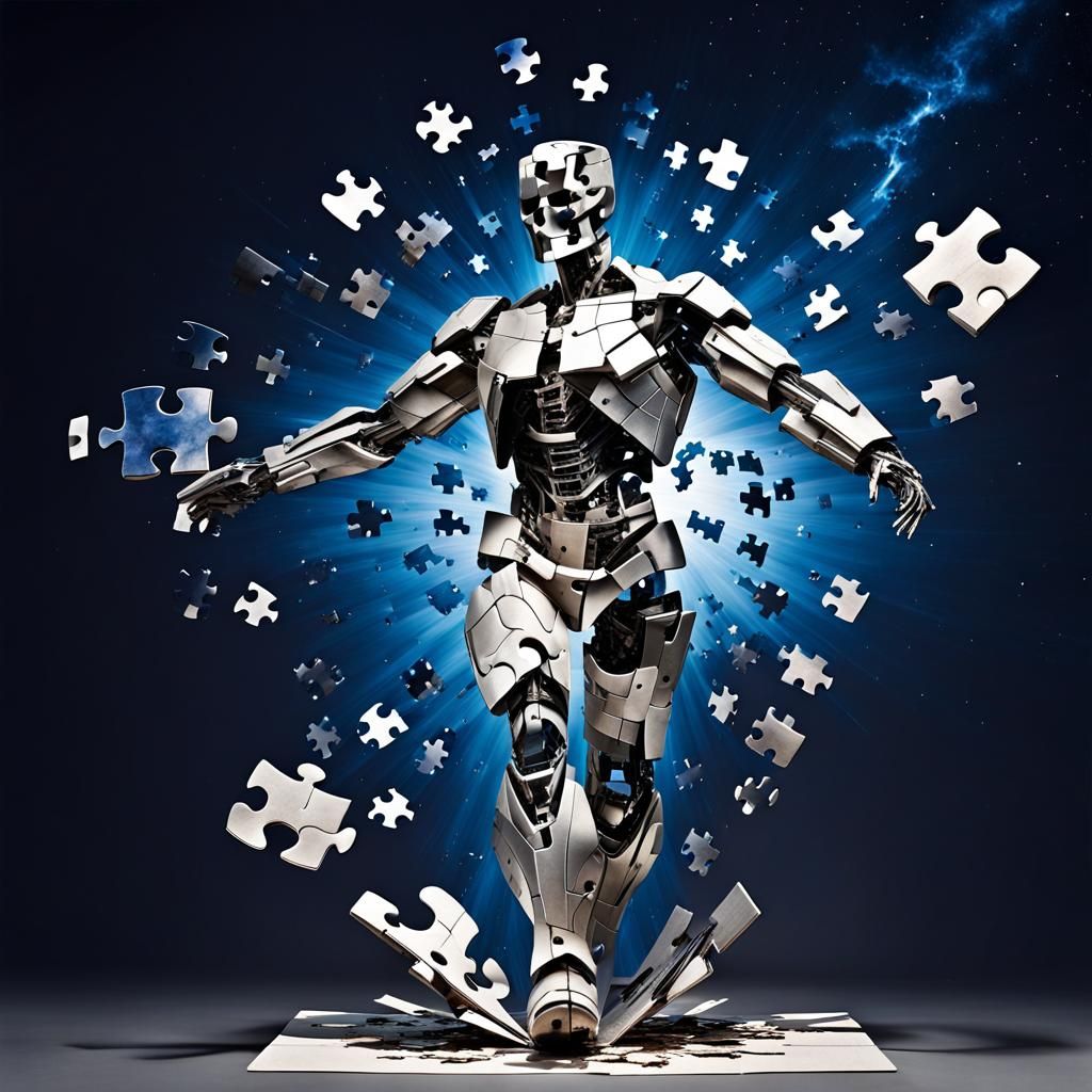 Exploding Abstract Puzzle Sculpture with Galaxy Background