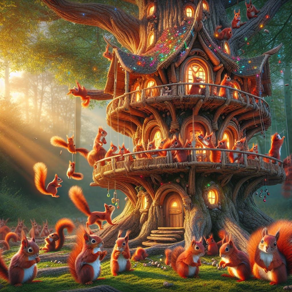 Squirrel Family Celebrates in Fantastical Treehouse