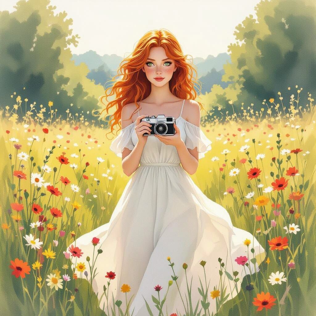 Woman in Meadow, Watercolor Style