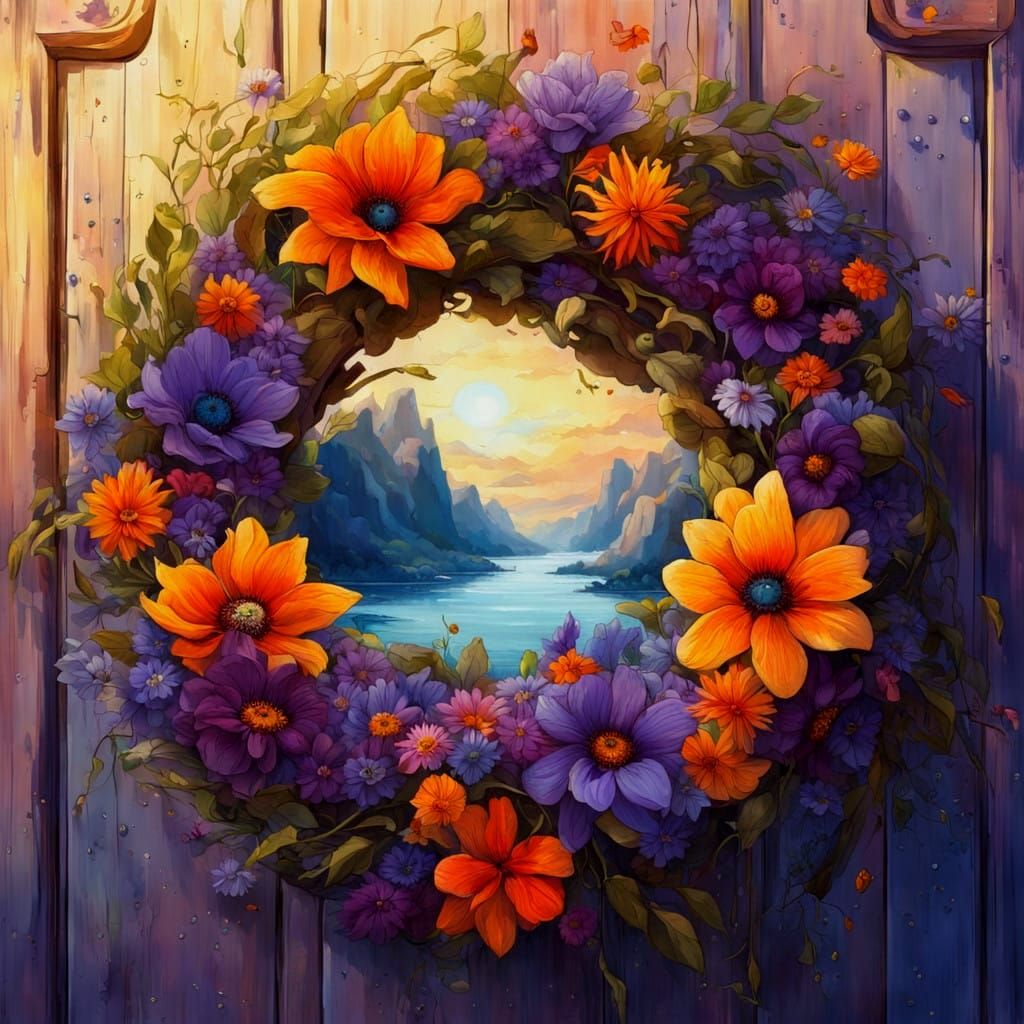 Vibrant Floral Wreath in Rustic Oil Painting Style