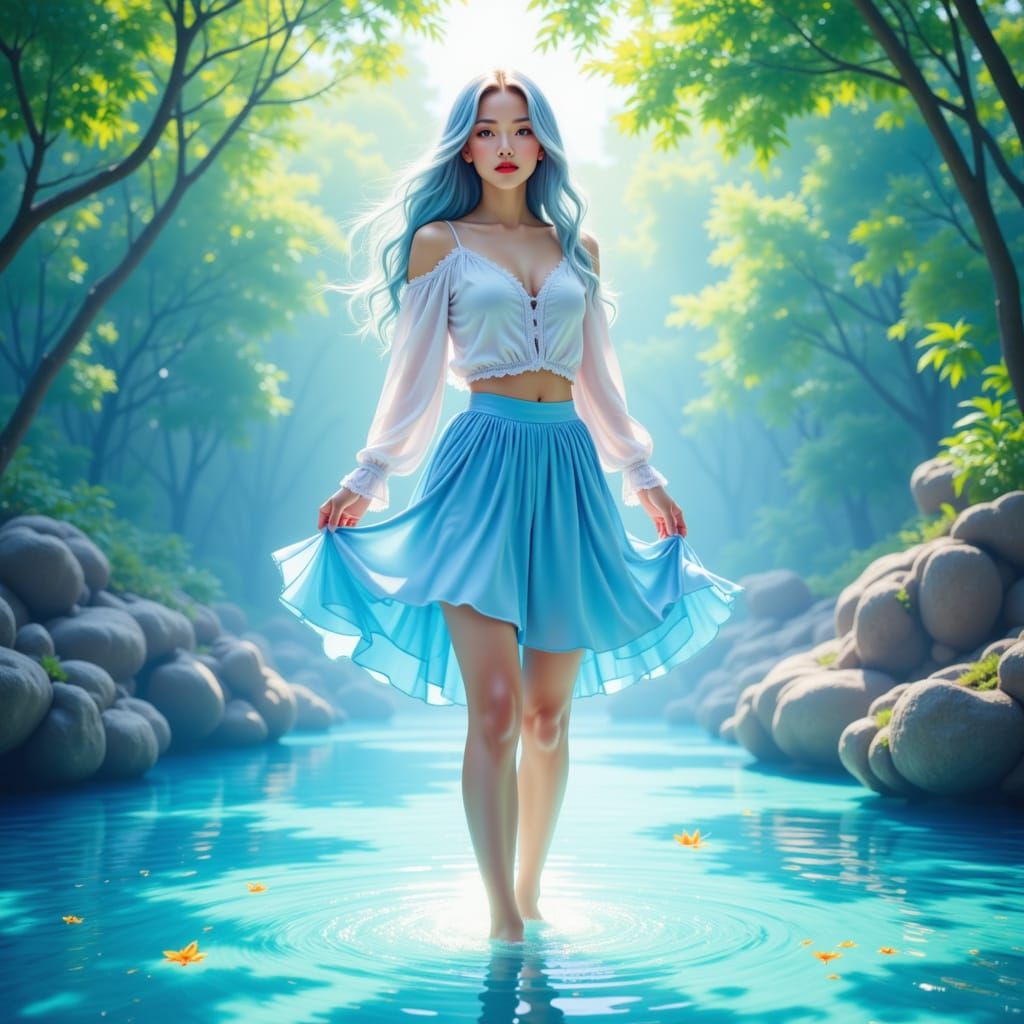 Anime Nymph Wades in Sunlit Stream