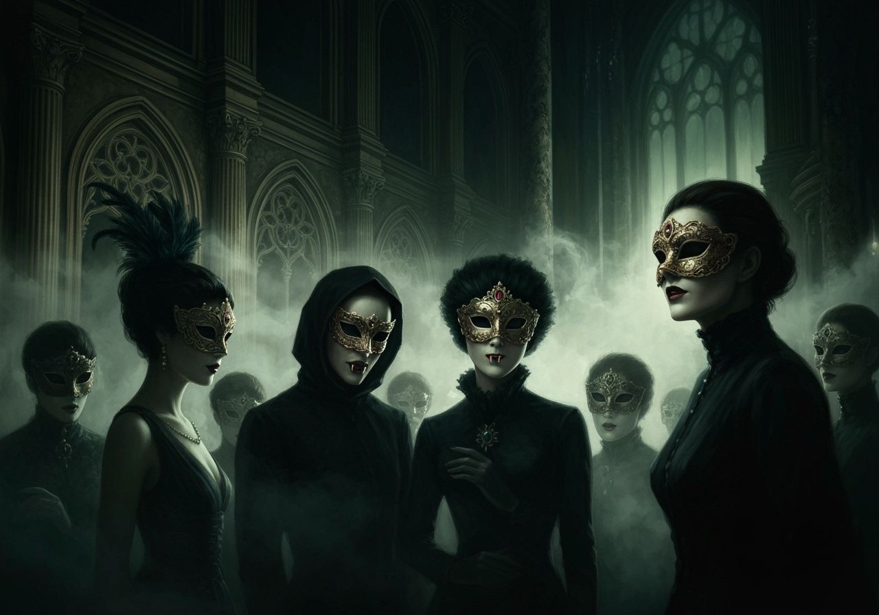 Gothic Masquerade Ball with Ethereal Mist and Shadow Figures