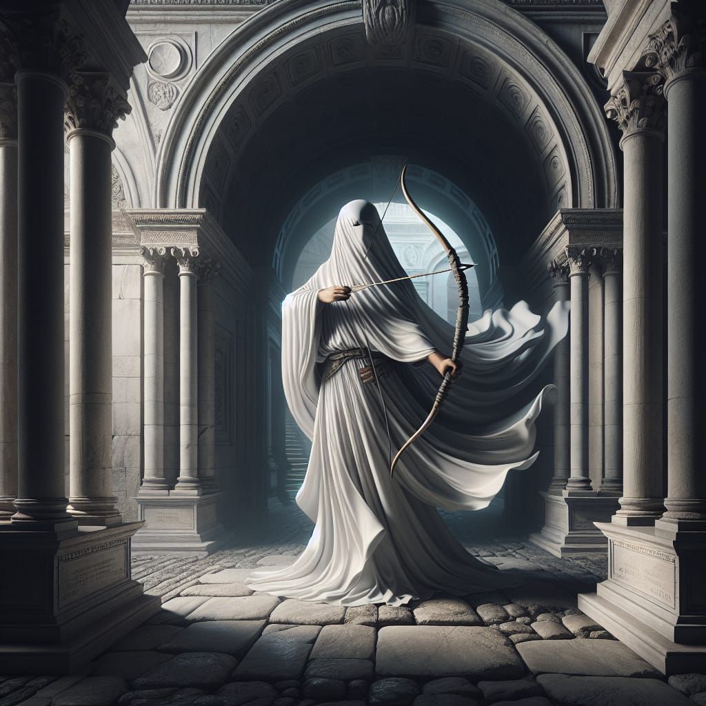 Ethereal Archer in Stone Archway with Dramatic Shadows