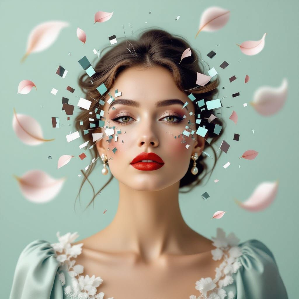 Fragmented Woman Dissolving into Symbols in Dada Style