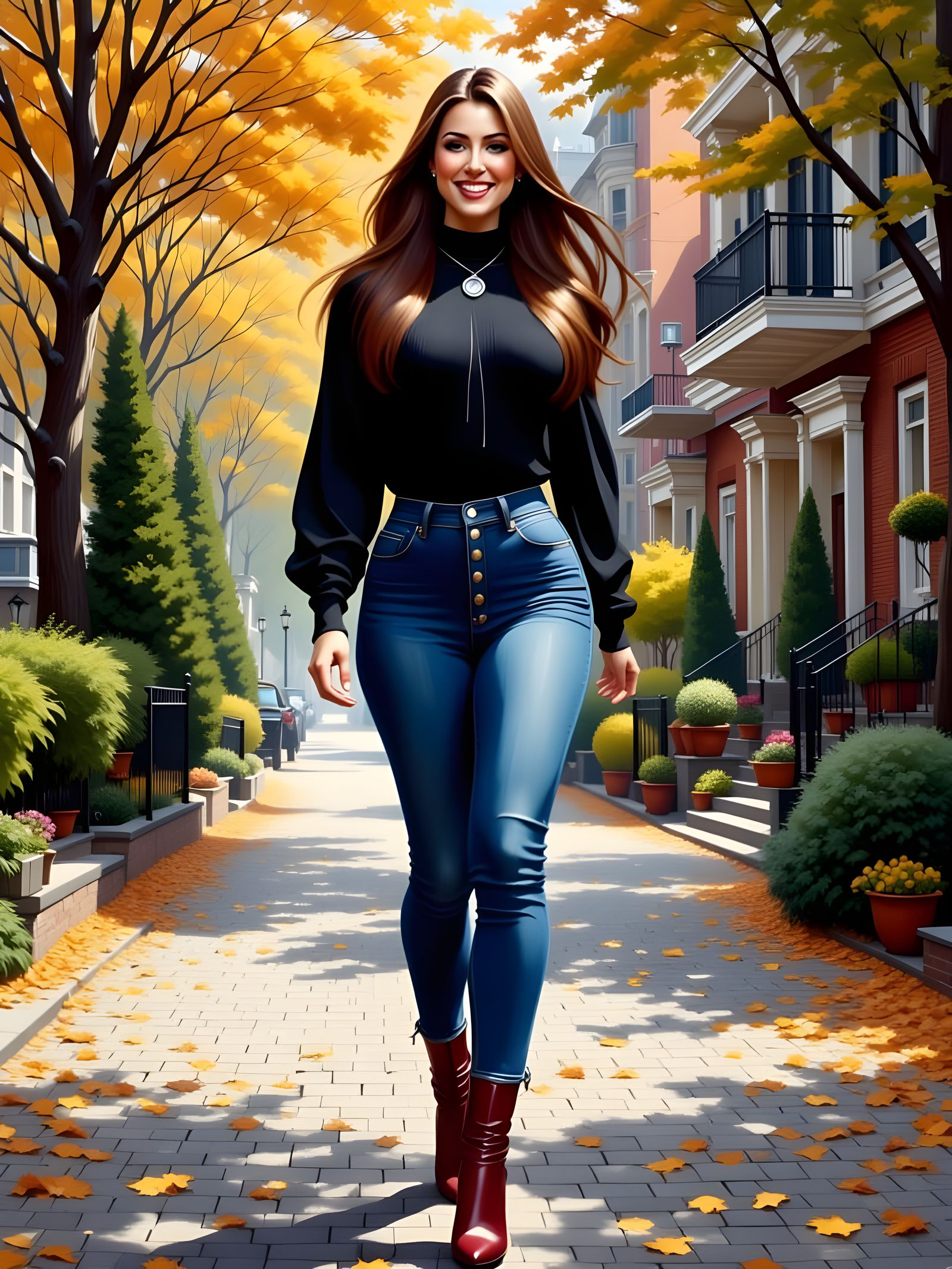 Elegant Woman in City Garden: Oil Painting Style