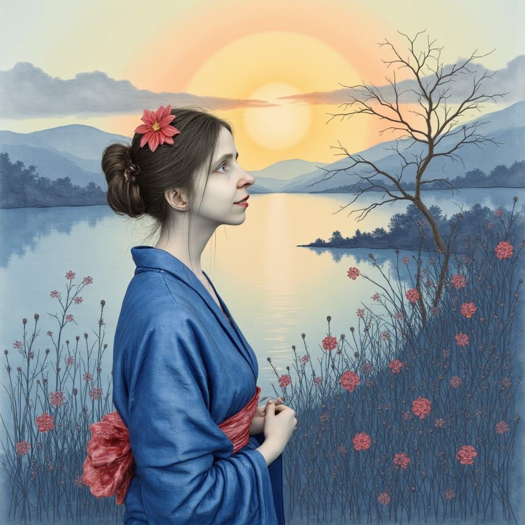 Japanese Geisha in a Serene Blue Kimono Landscape